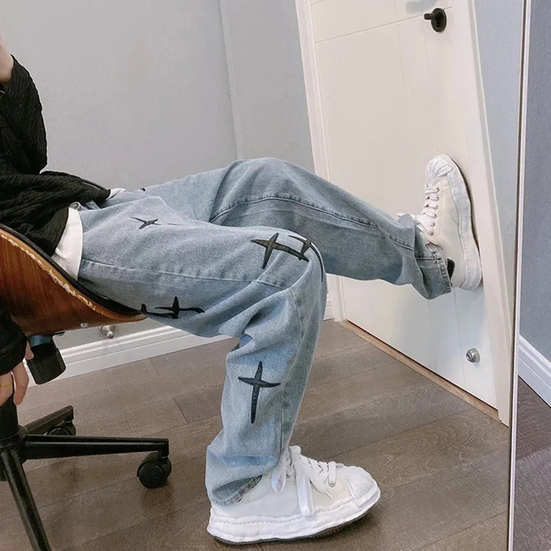 Boyfriend Vintage Fashion Straight Casual Loose Denim Cargo Pants Men Designer Prints Star Jeans Streetwear Loose Wide Leg Jeans