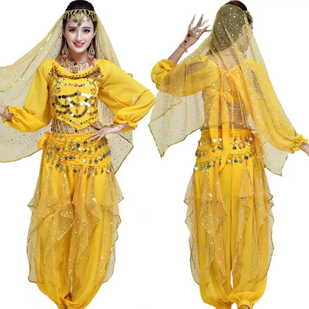 Woman wearing a yellow Mandotos International belly dance costume with sequins and a veil.