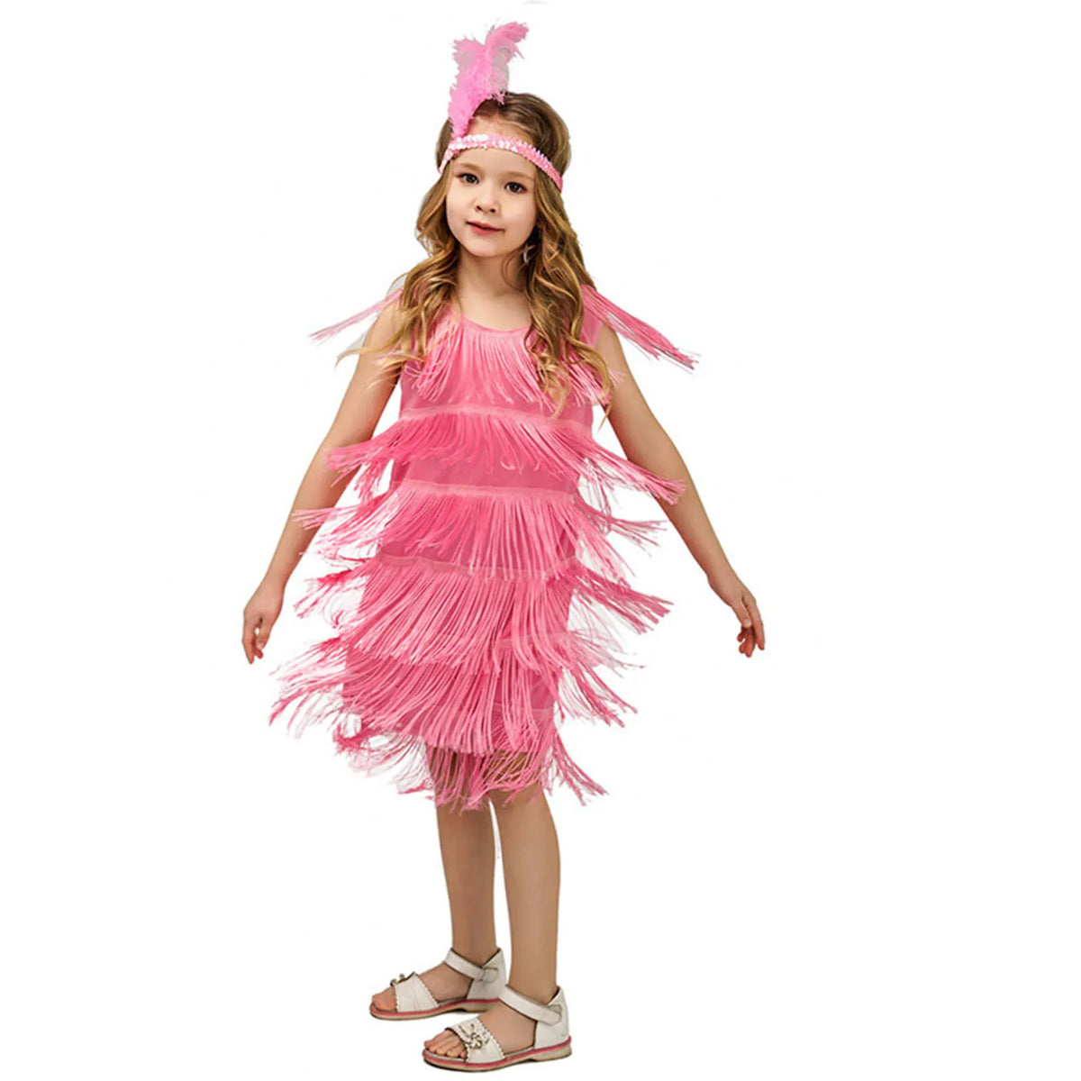 Girl in pink Mandotos International flapper dress with fringe and feather headband