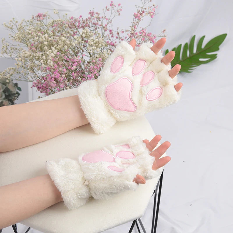 White kawaii plush cat paw fingerless gloves with pink paw pads for women