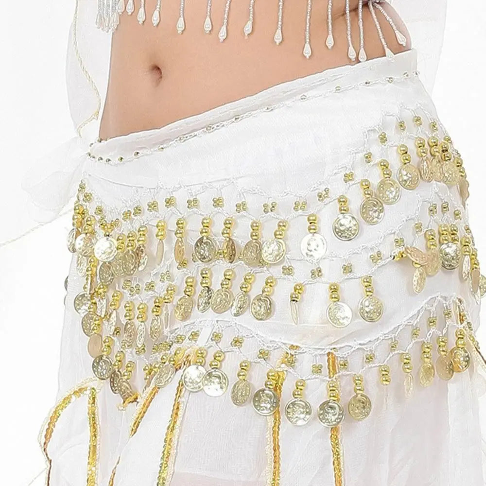 White Mandotos International belly dance hip scarf with gold sequins and coin tassels