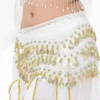 White Mandotos International belly dance hip scarf with gold sequins and coin tassels