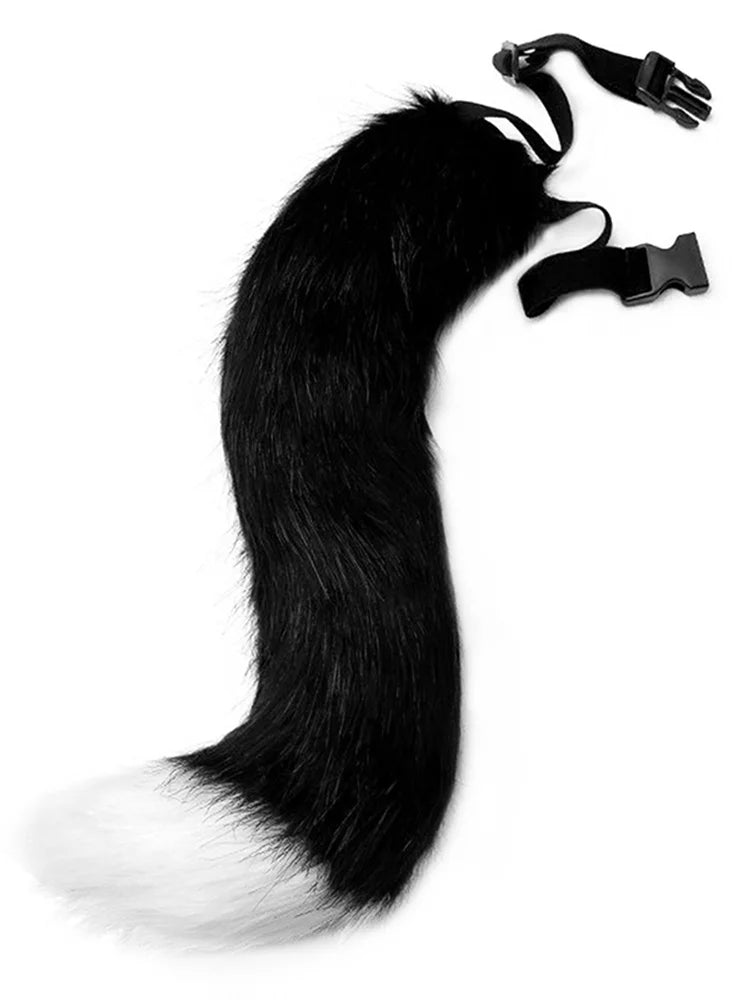 Black and white faux fur fox tail for cosplay and Halloween costumes.