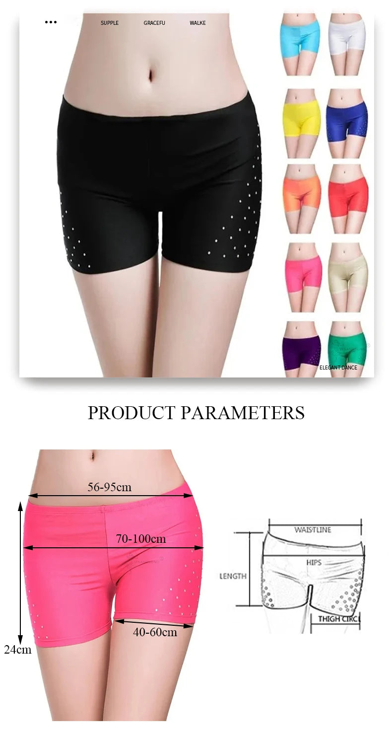 Belly dance safety shorts with diamond embellishments in various colors.