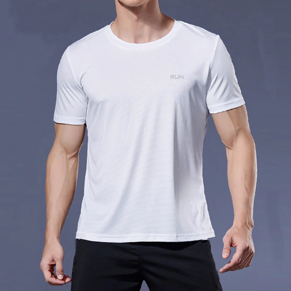 Mandotos International men's white quick-dry running t-shirt for fitness and gym workouts