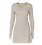 Mandotos International beige ribbed long sleeve pullover mini dress with thumbholes