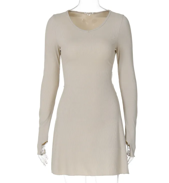Mandotos International beige ribbed long sleeve pullover mini dress with thumbholes