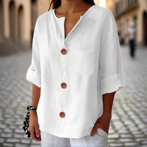 Women’s Loose V Neck T Shirt – Cotton Linen Button Top