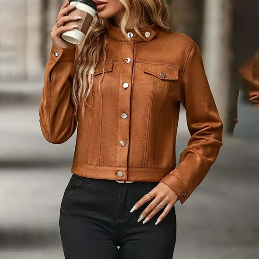 Chaqueta corta de gamuza sintética con cuello alto — Abrigo corto vintage / Prenda de abrigo de otoño
