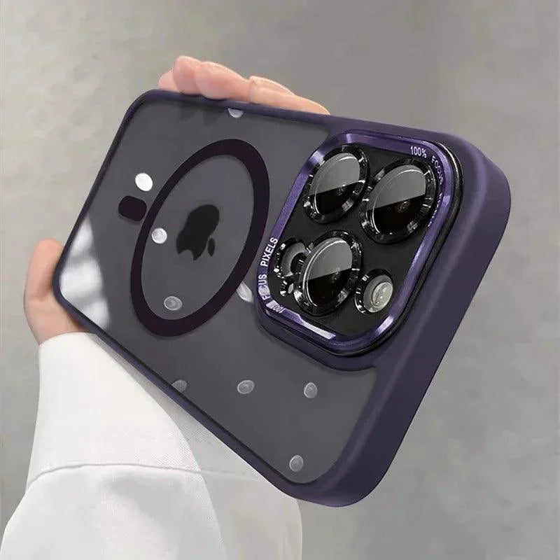 Luxury magnetic metal lens bumper protection case for iPhone 12 to 16 Pro Max, clear hard cover, supports wireless charging.