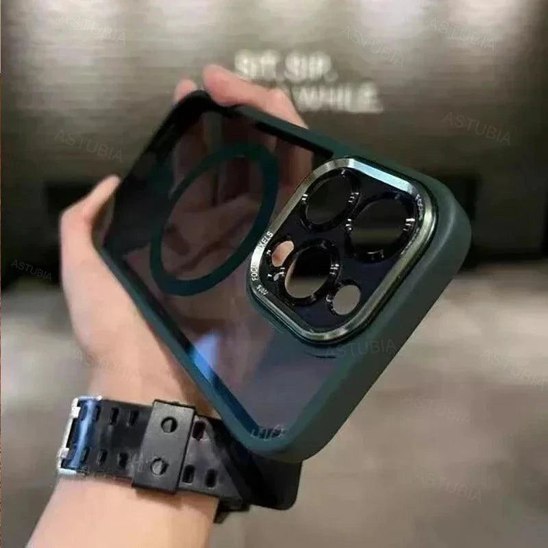 Luxury magnetic metal lens bumper protection case for iPhone 11 to 16 Pro Max, clear hard cover with wireless charging compatibility.