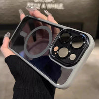 Luxury magnetic metal lens bumper protection case for iPhone 16 to 11 Pro Max, clear hard cover, wireless charging compatible by Ali YTD.