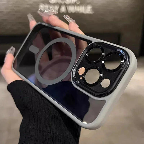Luxury magnetic metal lens bumper protection case for iPhone 16 to 11 Pro Max, clear hard cover, wireless charging compatible by Ali YTD.