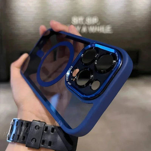 Luxury magnetic metal lens bumper case for iPhone 16 to 11 Pro Max, clear hard cover with wireless charging compatibility.