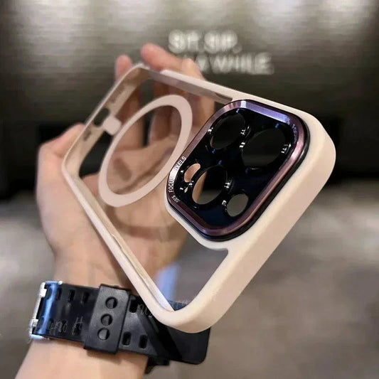 Luxury magnetic metal lens bumper protection case for iPhone 16 to 11 Pro Max with clear hard cover and wireless charging compatibility.