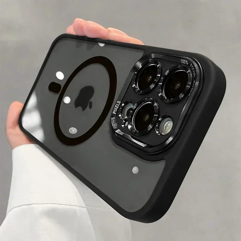 Luxury magnetic metal lens bumper protection case for iPhone 16 to 11 Pro Max, clear hard cover with wireless charging compatibility.