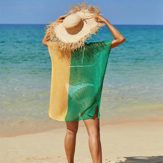 Ancient Energy beach hollow-out knit cover-up blouse over bikini top, lightweight and stylish for beachwear or poolside use.