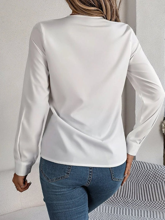 Ancient Energy women's V-neck long sleeve solid blouse, stylish office blouse with elegant design for commuting and professional wear