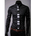 Men's fitted shirt by Ancient Energy featuring a designer plaid and stripe pattern, showcased on a model.