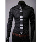 Men's fitted shirt by Ancient Energy featuring a designer plaid and stripe pattern, showcased on a model.