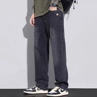 Fleece-lined American-style retro men's straight leg high street pants in beige, featuring a classic fit and vintage design.