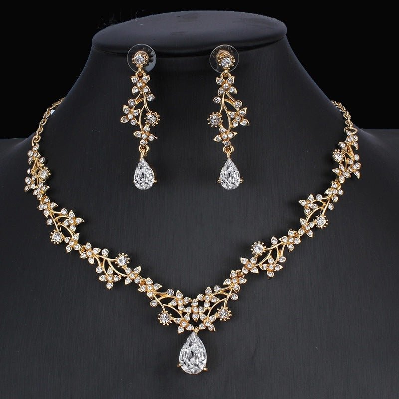 Golden zircon bridal jewelry set including a necklace and earrings by Ancient Energy, perfect for wedding or special occasions.