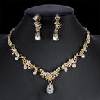 Golden zircon bridal jewelry set with matching necklace and earrings, featuring elegant design for wedding and special occasions.