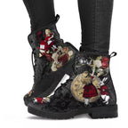 Ancient Energy Gothic print vegan leather combat boots with lace-up design and chunky soles, stylish and edgy footwear.