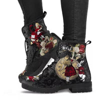 Gothic print vegan leather combat boots by Ancient Energy, featuring dark gothic design and sturdy lace-up style.