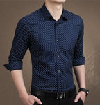 Men's polka dot long-sleeve dress shirt by Ancient Energy, plus size M-5XL, featuring a classic pattern and tailored fit.