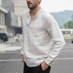 Men's vintage white linen shirt with buttons by Ancient Energy, featuring a classic fit and casual design.
