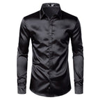 Men's black satin dress shirt by Ancient Energy, featuring a sleek, smooth fabric and classic collar style.