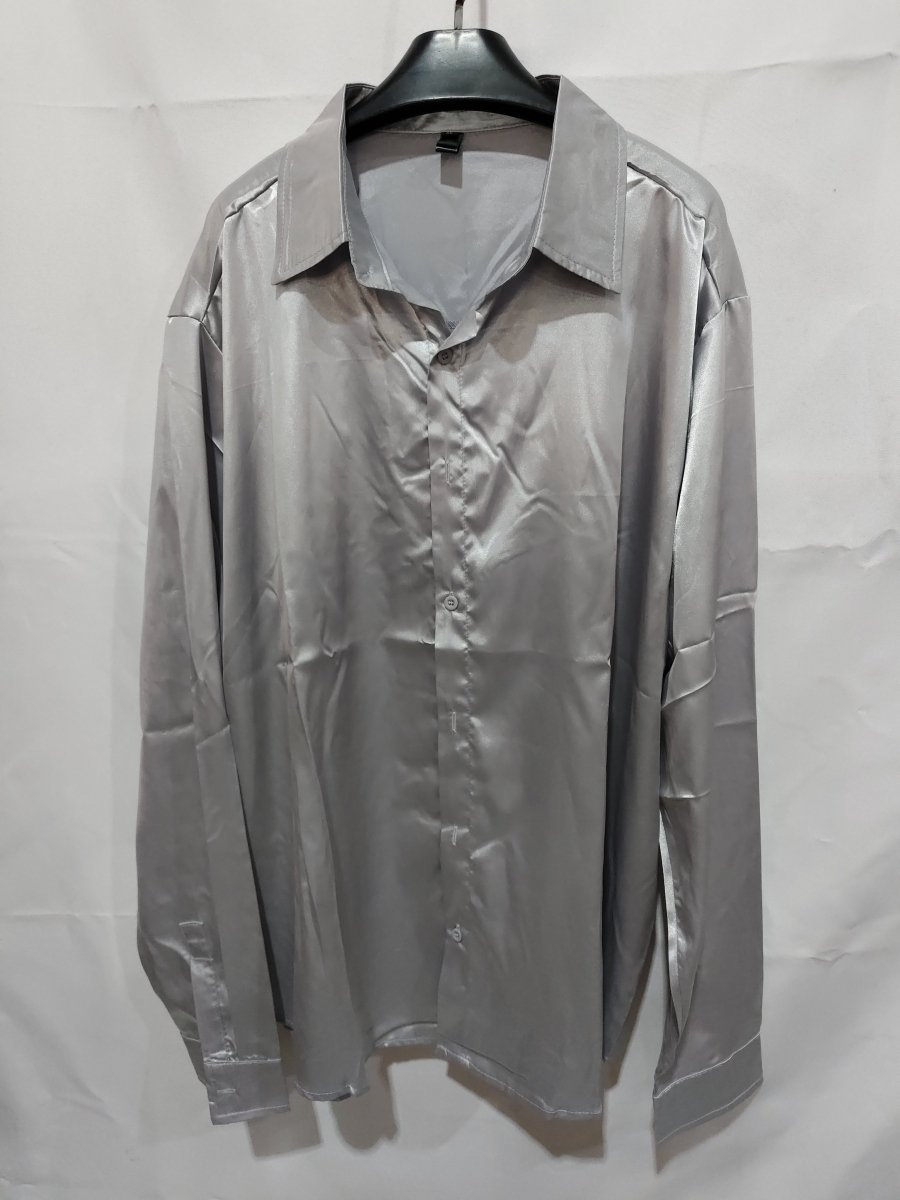 Mens black satin dress shirt by Ancient Energy, tailored fit with a sleek, smooth fabric and classic collar design.