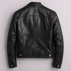 Men's black PU leather motorcycle jacket with stand-up collar from Ancient Energy, featuring a sleek, fitted design and zippered pockets.