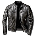 Men's black PU leather motorcycle jacket with stand-up collar by Ancient Energy, featuring a sleek, fitted design and zipper details.