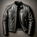 Men's black PU leather motorcycle jacket with stand-up collar by Ancient Energy, featuring a stylish and rugged design.
