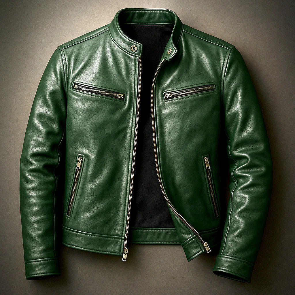 Men's black PU leather motorcycle jacket with stand-up collar by Ancient Energy, featuring a classic style and sleek design.