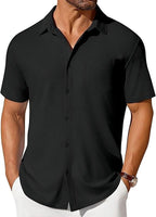 Men's short-sleeve button-up shirt by Ancient Energy with wrinkle- and crease-resistant fabric, shown in a casual fit.
