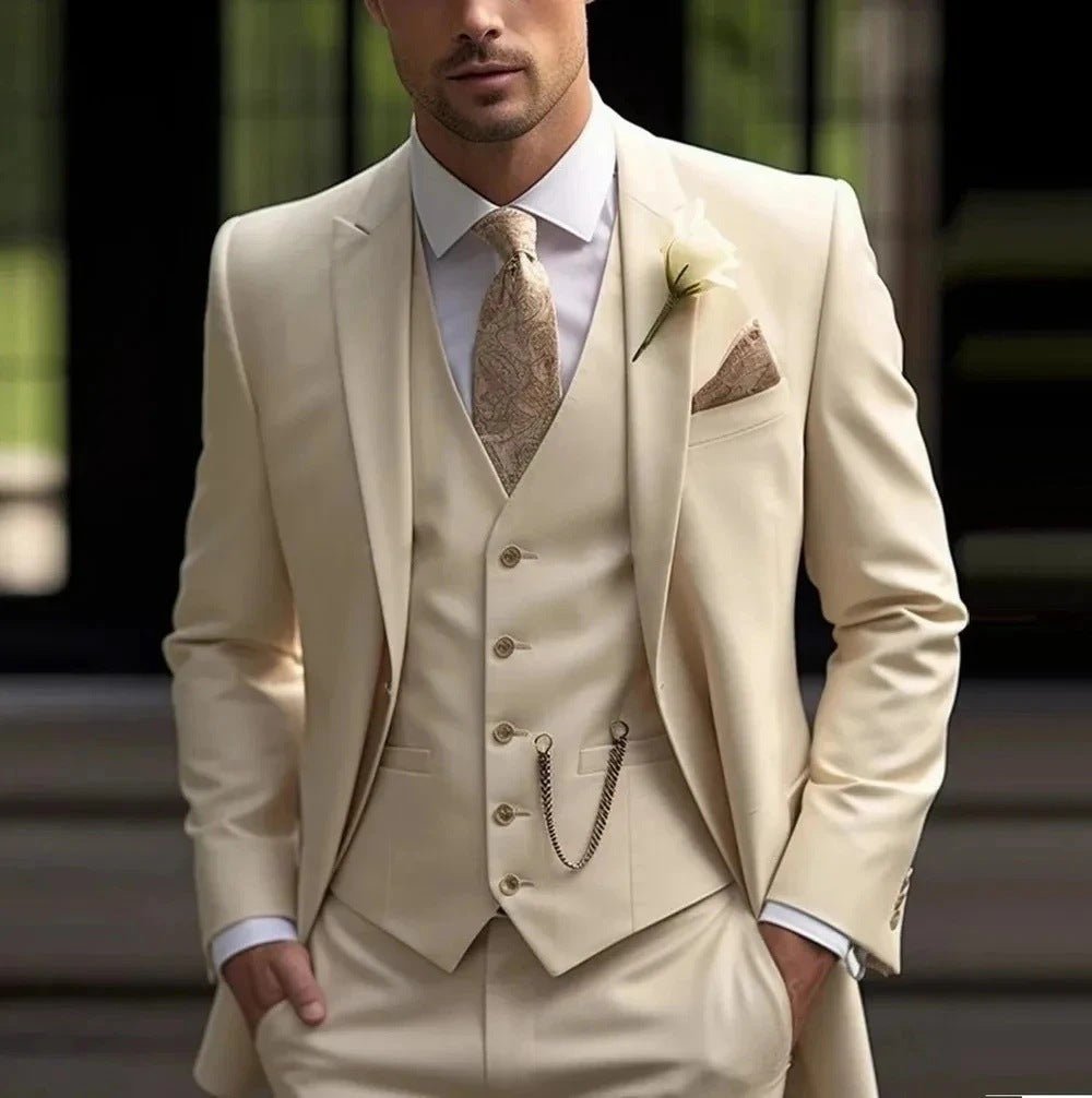 Mens slim-fit light luxury suit by Ancient Energy, tailored fit with sleek fabric, shown on a hanger or model.