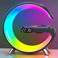 Ancient Energy G-shaped LED lamp with Bluetooth speaker, wireless charger, app control, suitable for bedroom or home decor.