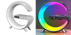 Ancient Energy G-shaped LED lamp with Bluetooth speaker, wireless charger, and app control, ideal for bedroom or home decor.