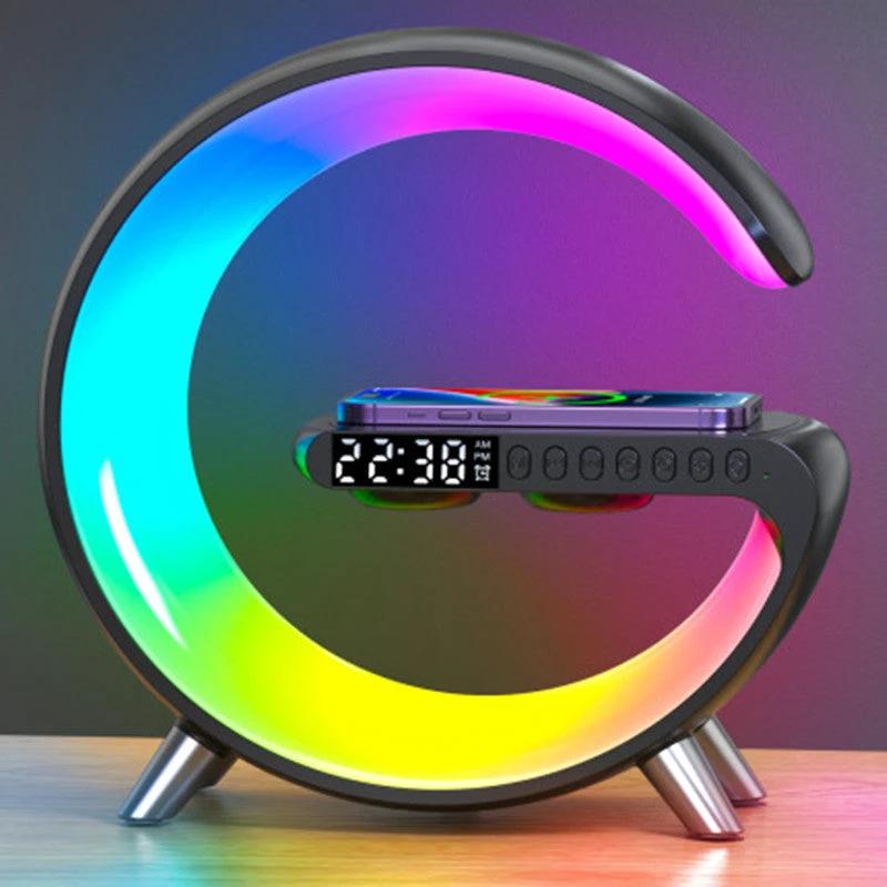 Ancient Energy G-shaped LED lamp with Bluetooth speaker, wireless charger, and app control for bedroom or home decor.