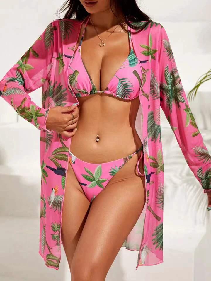 Ancient Energy women's printed mesh three-piece swimsuit with blouse, featuring vibrant patterns and lightweight fabric.