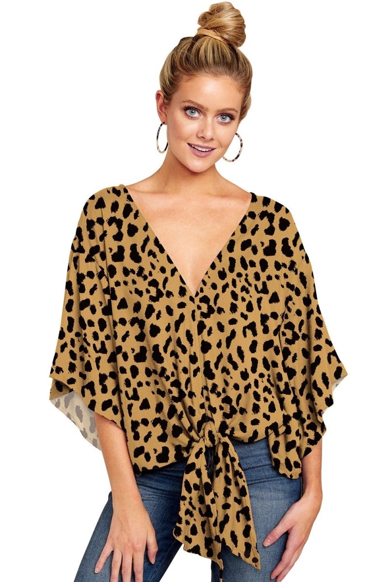 Ancient Energy women's V-neck blouse with leopard print, floral tie front, batwing sleeves, and oversized summer top.