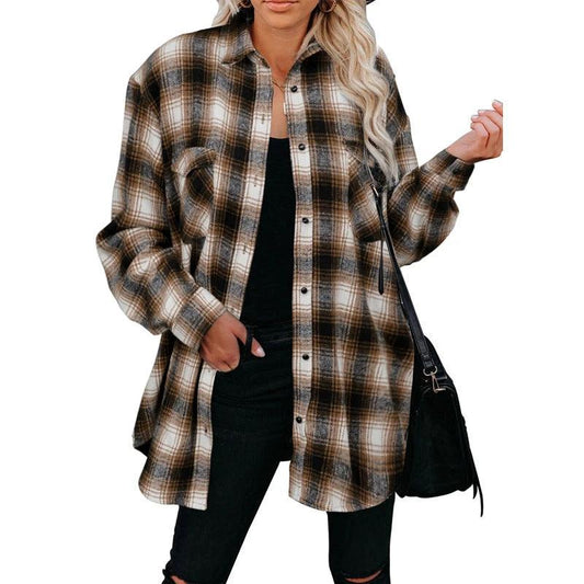 Women’s plaid shirt by Ancient Energy featuring a spring mid-length loose blouse with turndown collar and casual style.