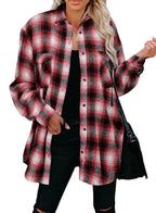 Ancient Energy women's plaid spring blouse with turndown collar, mid-length loose fit, perfect for casual spring wear.