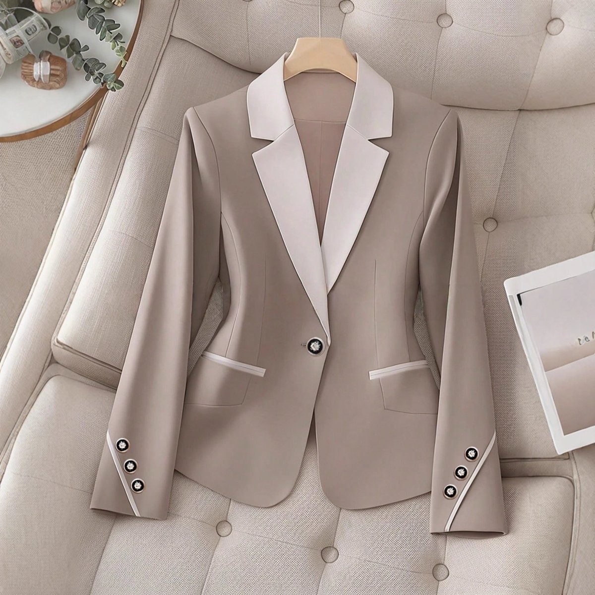 Elegant formal blazer with contrasting color buttons by Ancient Energy, showcasing tailored fit and sophisticated style.
