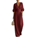 Ancient Energy women's summer short-sleeved jumpsuit with V-neck and wide-leg pants, casual fashion outfit.
