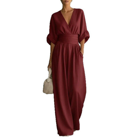 Ancient Energy women's summer short-sleeved jumpsuit with V-neck and wide-leg pants, casual fashion for warm weather.