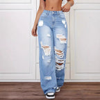 Pair of trendy washed ripped straight jeans for women by Ancient Energy, showing distressed denim style and classic fit.